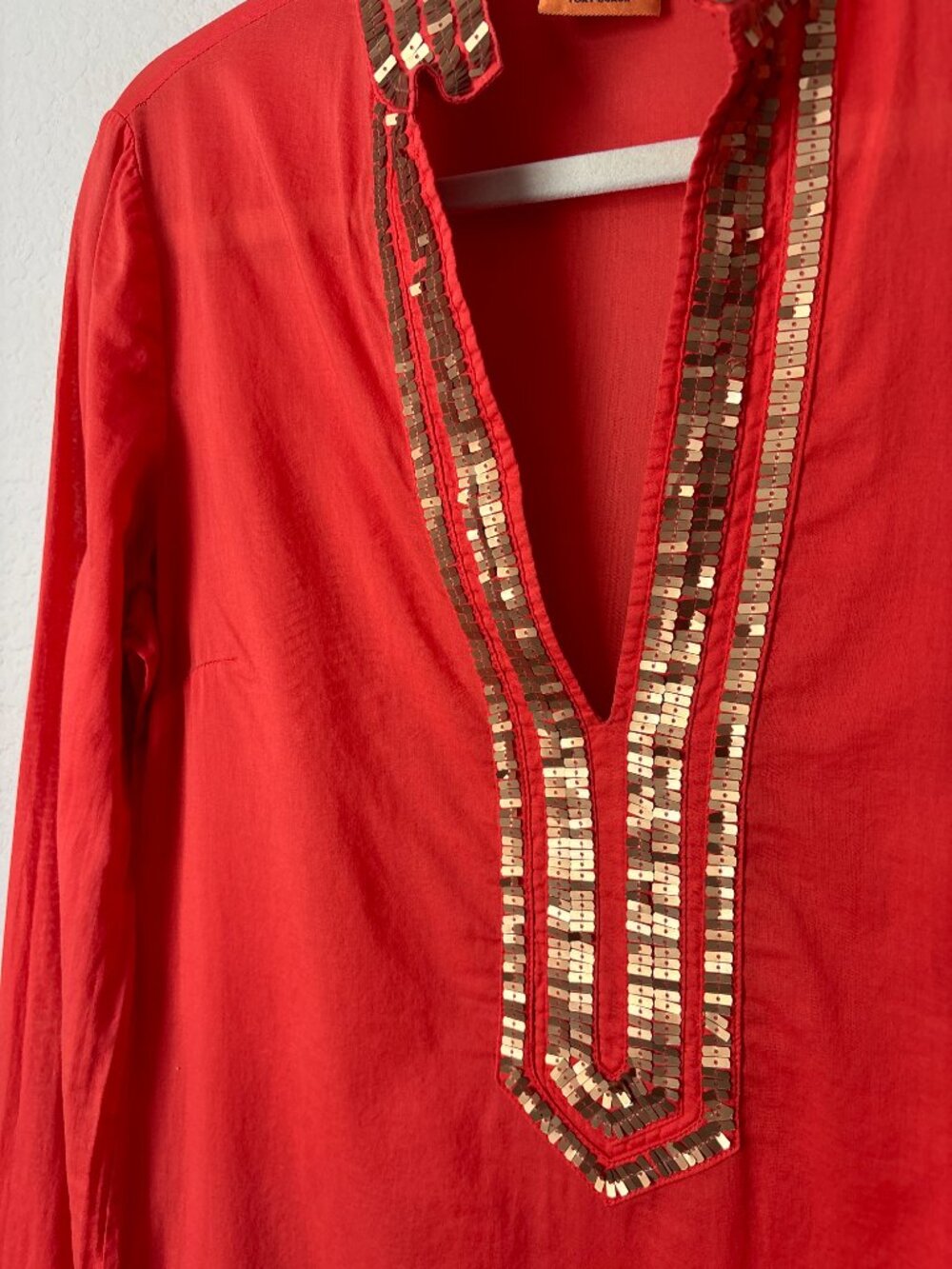 Tory Burch Gold Sequins V-Neck Orange Longline Caftan Tunic - Picture 4 of 13